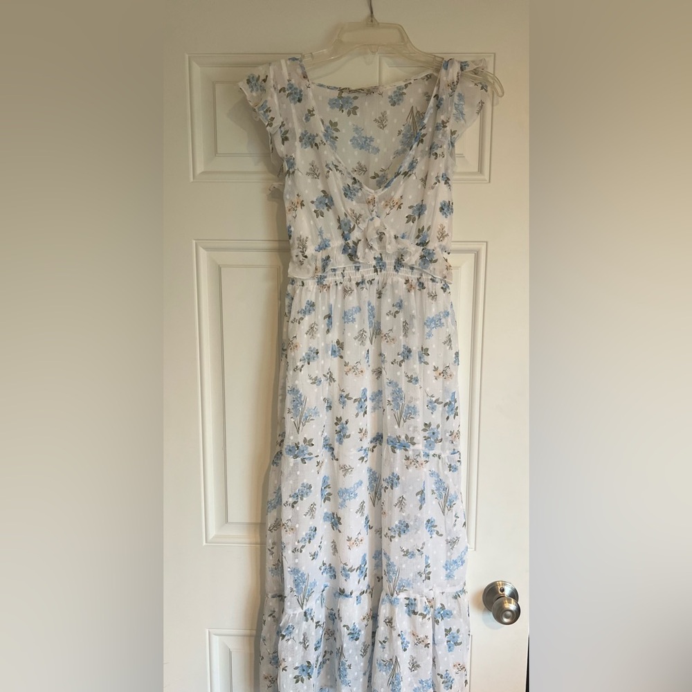 “Stradivarius” Print dotted mesh midi dress white and sky blue 
Size: S